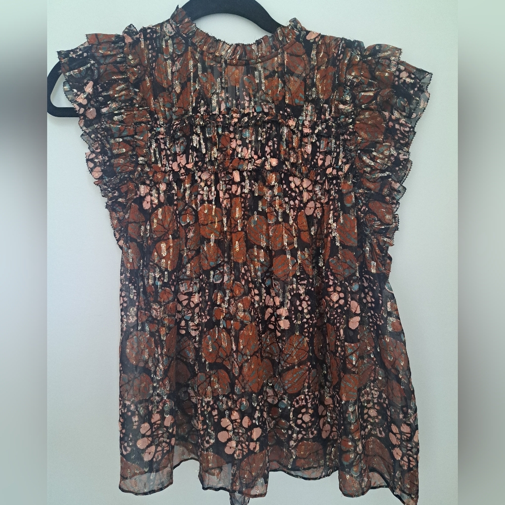 Ulla Johnson Brown and Pink Ruffled Blouse